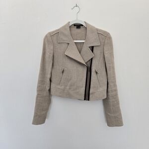 Theory Tan Flax/Linen Jacket Classic Structured Designer Asymeteical Zipper | Sm
